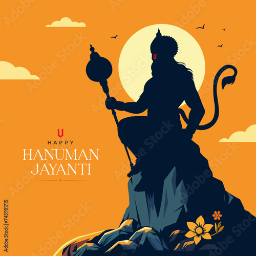 Creative flat vector Background Illustration of Happy Hanuman Jayanti, Celebrates the birthday of Lord Sri Hanuman, silhouette lord Hanuman Statue