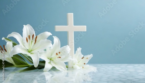Cross with White Lilies - Background for Christianity - Symbolism for Mourning or Funeral - Crucifixion of Jesus Christ