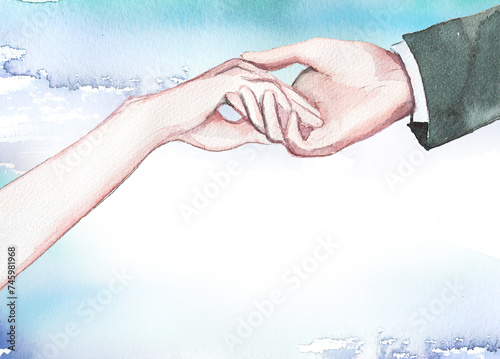 Watercolor couple in love concept illustration. Victorian man and woman's hands holding painting. Elegant romantic couple artwork card background.