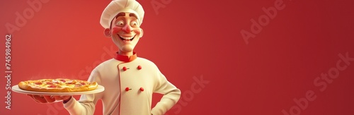 Le goût de l'Italie. Un chef pizzaiolo souriant, présentant une délicieuse pizza, arrière-plan rouge, image avec espace pour texte.