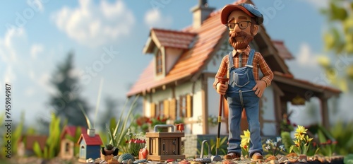 Personnage cartoon d'un homme jardinant dans sa maison à la campagne, image avec espace pour texte.