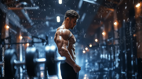 Portrait of a strong male bodybuilder model with perfect muscular posing at gym.
