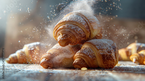 Close-up of freshly baked croissants in powdered sugar, with pink icing on the table, top view. Food concept.