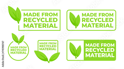 Set of labels indicating products are made from recycled material, featuring a green color scheme and leaf emblem for eco-awareness.