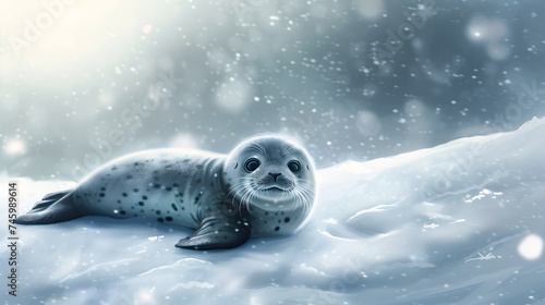 Cute baby seal cartoon lying on white snow on soft pastel background.