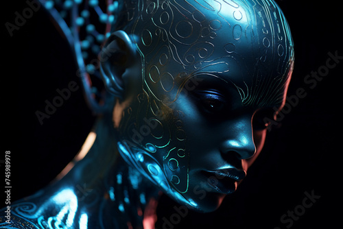 Alien commander standing over dark futuristic background created with generative AI