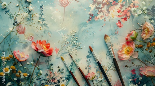 A whimsical setup of watercolor-painted floral designs and calligraphy brushes strewn across a pastel paper background. 