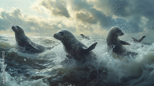 Seals playfully jumping in and out of coastal waves under a cloudy sky