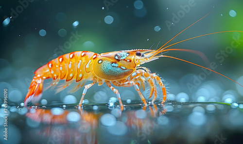Crayfish is standing on wet surface with water droplets