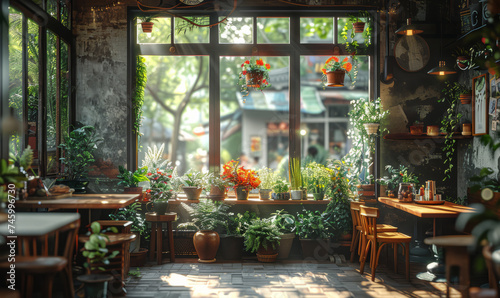 The interior of cozy cafe with beautiful garden view