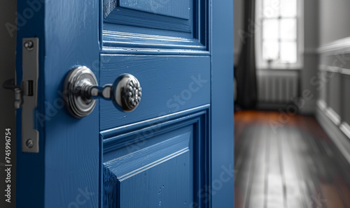 Blue door and silver doorknob in room with window and radiator