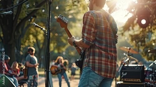 young man playing guitar with friends live music event concert in a park. enjoy outdoor activity 