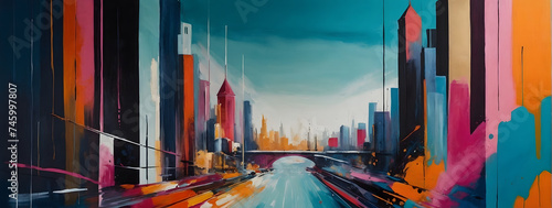 Vibrant abstract painting with gouache. Urban cityscape. Art installation in a chic interior. Modern poster design. 