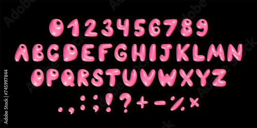 Glossy 3D pink bubble font in Y2K style. Playful design inspired by 2000s or 90s, inflated balloon letters. Trendy English type. Realistic illustration