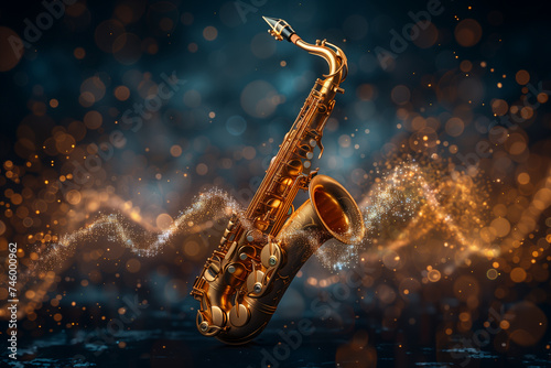 A striking image of a luxury golden saxophone with gold-colored digital sound waves flowing around it.