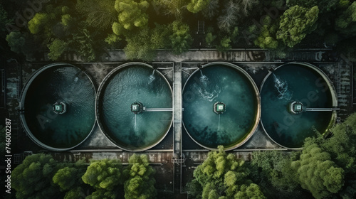Aerial View of Industrial Water Treatment Tanks Surrounded by Trees