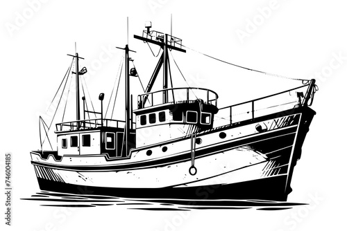 Super fishing ship vector sketch. Sea cruise hand drawing. Mega boat
