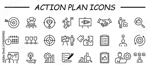 Action plan icon set. Containing planning, schedule, strategy, analysis, tasks, goal, collaboration and objective icons. Solid icon collection.