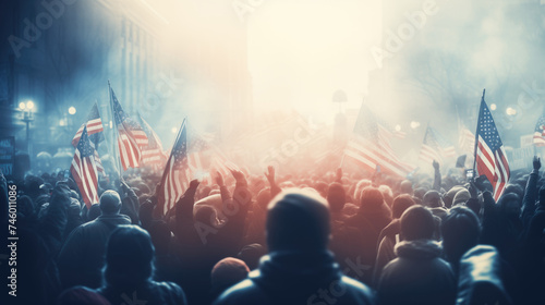 Fictional blurred crowd out of focus standing at a city political protest, celebration or event waving american United Stated flags.