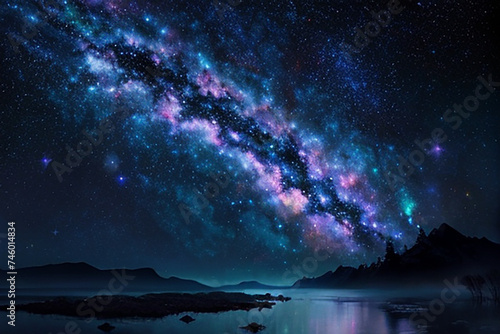 sky with stars and clouds over a lovely lake in a scenic nature landscape