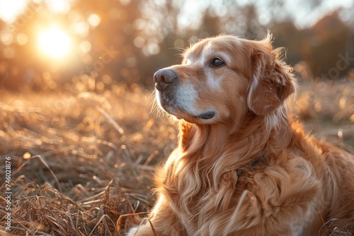 A golden retriever savoring the last warm rays of sunlight in a peaceful rural field
