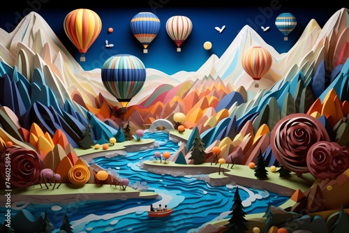 a paper cut out of a river with hot air balloons