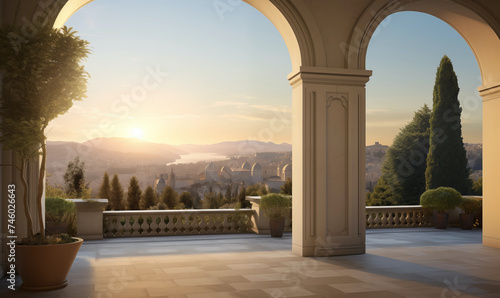 The architectural element, 'Loggia' as shown in this fictional rendition of a landscape as viewed from underneath the portico
