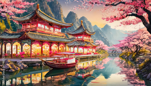 Chinese temple landscape with forest and mountains in the background, anime style.