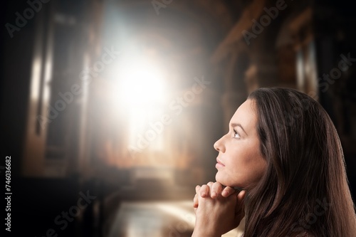 Christian Woman In a Church For Praying,