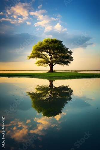 The Resilient Lone Tree: An Exquisite Reflection of Nature's Grandeur by A Serene Lake