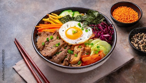 Bowl of bibimbap meal with meat, rice, vegetables and egg. Tasty Korean cuisine.