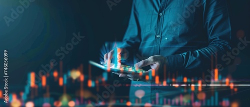 Businessman hand show Stock chart showing rising stock sign with graph indicator. a growing virtual hologram stock. Generative AI