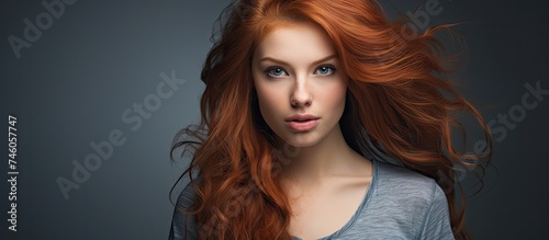 Radiant Redhead Model in Stylish Jeans and Black Top, Captivating Studio Portrait on Gray Background