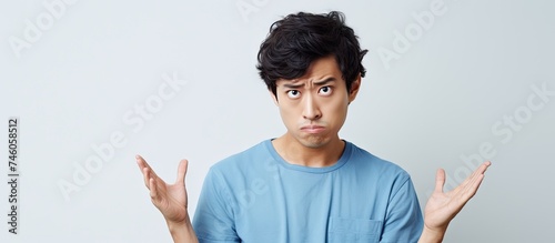 Young Chinese Man in Blue Shirt Showing Displeasure with Hand Gesture Against White Wall Background