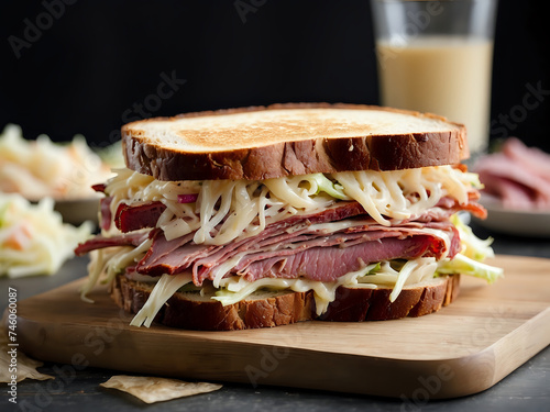 A reuben sandwich, piled high with tender corned beef, sauerkraut, and melted Swiss cheese, all nestled between two slices of toasted rye bread.