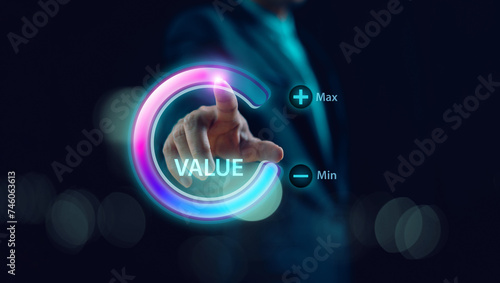 Value added increase benefit concept. Company value add business growth more. Businessman circle bar info graphic technology background. Sale digital marketing, leadership success target and goal
