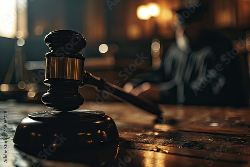 Judge's Hammer Close-Up, Verdict Concept, Justice Symbol, Traditional Judge Hammer on Court Table