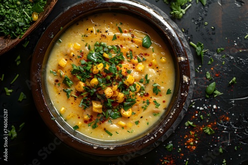 Locro on a black background top view Argentinian Cuisine. Concept Food Photography, Argentine Cuisine, Top View, Black Background, Locro