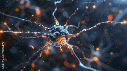 A neuron extends its axon to touch another, symbolizing learning, memory, amid a dark, blurred backdrop.