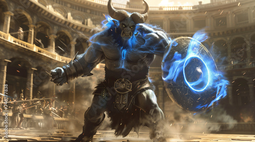 A fierce Minotaur warrior exuding a powerful blue aura in the midst of battle weapons clashing against the backdrop of an ancient arena