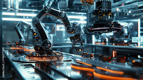 AI algorithms optimizing a high tech manufacturing process with robotic arms precisely assembling components under digital surveillance