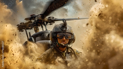 Intense military action captured with a helicopter pilot in combat gear. dramatic sky and dust clouds. high-energy scene suitable for editorial use. AI