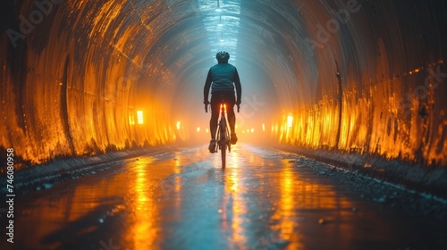  a bicyclist rides through a tunnel in the middle of the night with bright lights on the sides of the tunnel and a man on the front of the bike.