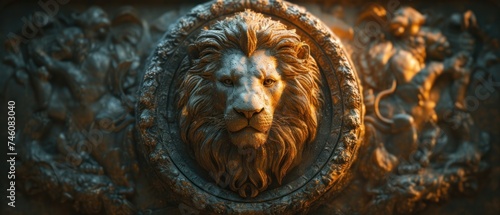  a close up of a lion's head on a metal doorknob with a lion's head in the center of the lion's head and a lion's head on the door.