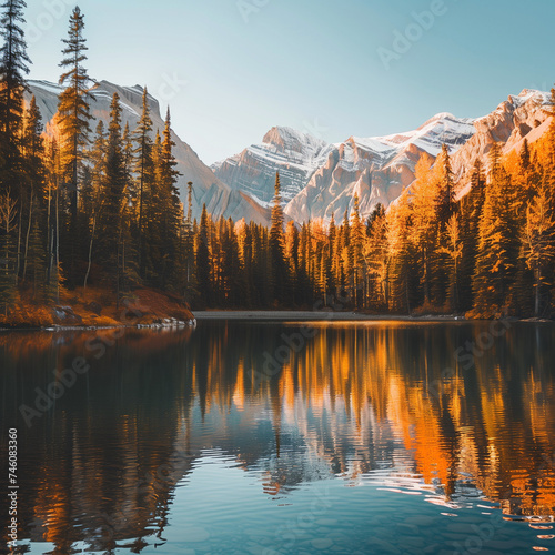 Autumnal Serenity: Tranquil Lake and Mountain Landscape During Indian Summer