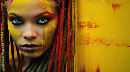 Girl of model appearance in splashes of paint against the background of a yellow wall.