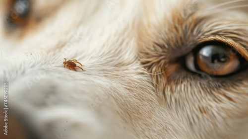 A photo of a small tick on the white fur of an animal, a parasite insect on a dog's muzzle near the eye