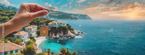 Hand holding house keys against a coastal village backdrop. New home ownership is highlighted with a stunning seaside view. Panorama with copy space.