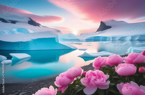 Landscape of Antarctica, spring has come to Antarctica, melting lake east, waterfall flows from turquoise ice, pink and white clouds, the sun clouds dawn, pale pink peonies along the shore lake