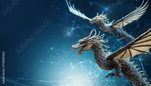  Dragons volants abstraits sur fond bleu foncé